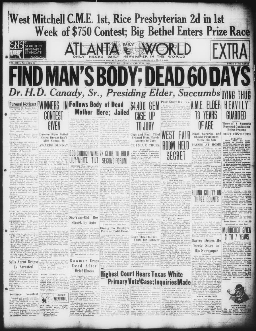 Front page of Atlanta Daily World, March 18, 1932