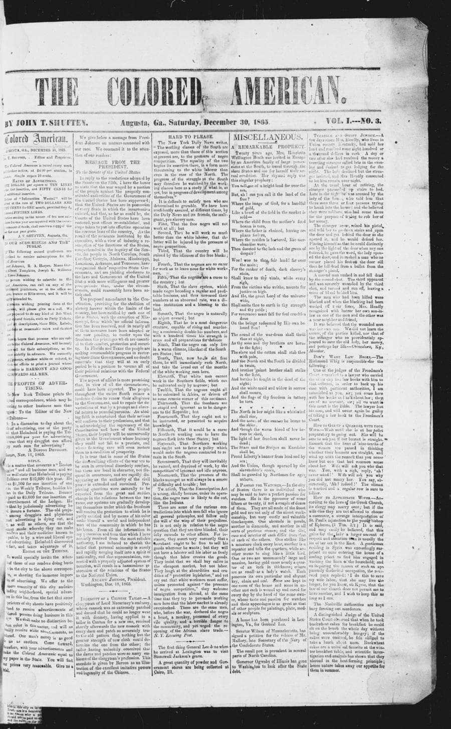 Front page of The Colored American, December 30, 1865