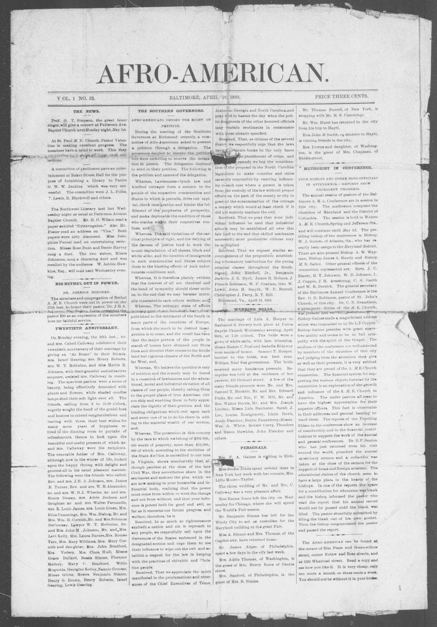 Front page of The Afro-American, April 29, 1893