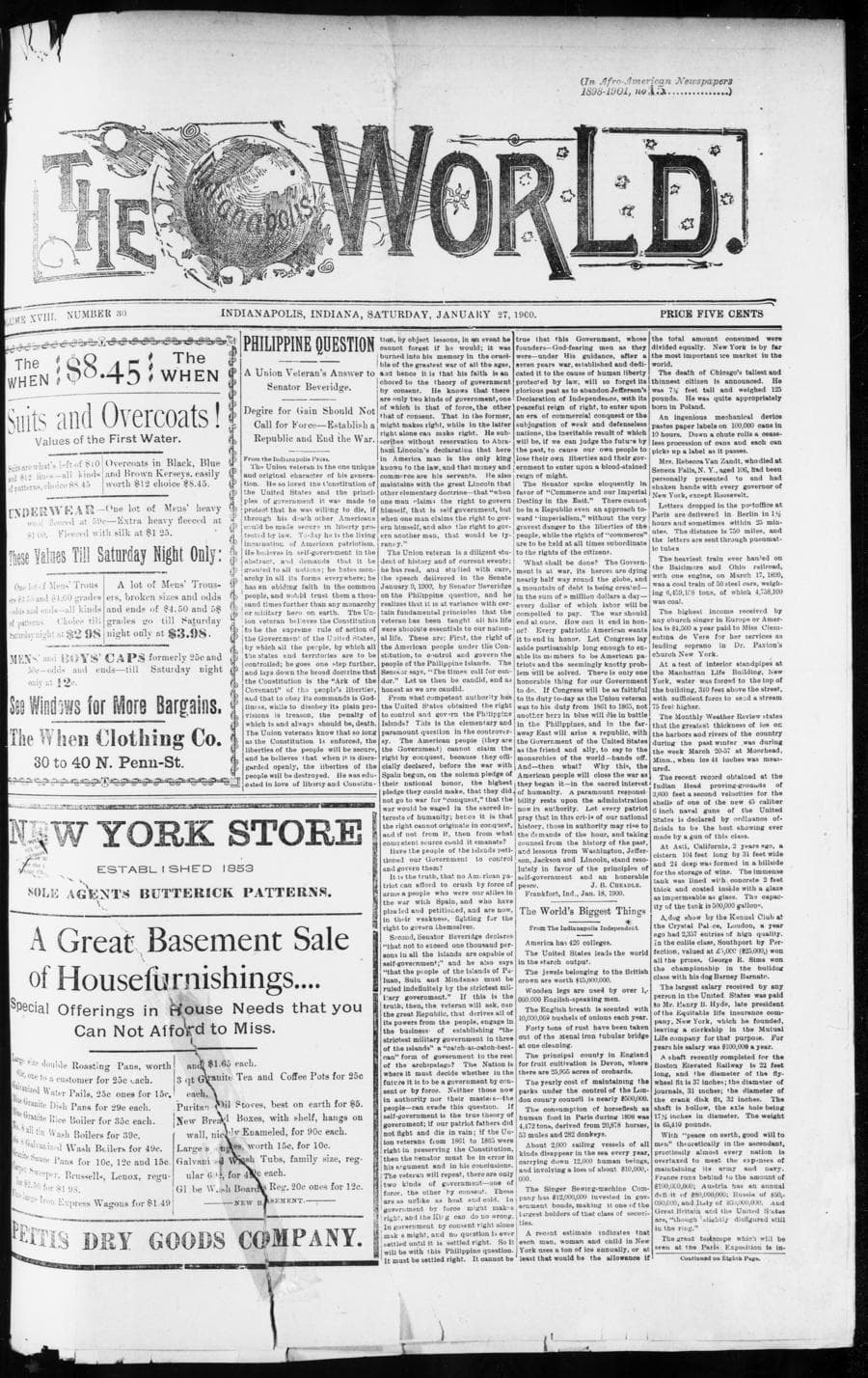 Front page of The Indianapolis World, January 27, 1900