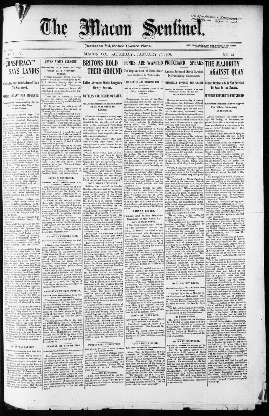 Front page of The Macon Sentinel, Macon, January 27, 1900
