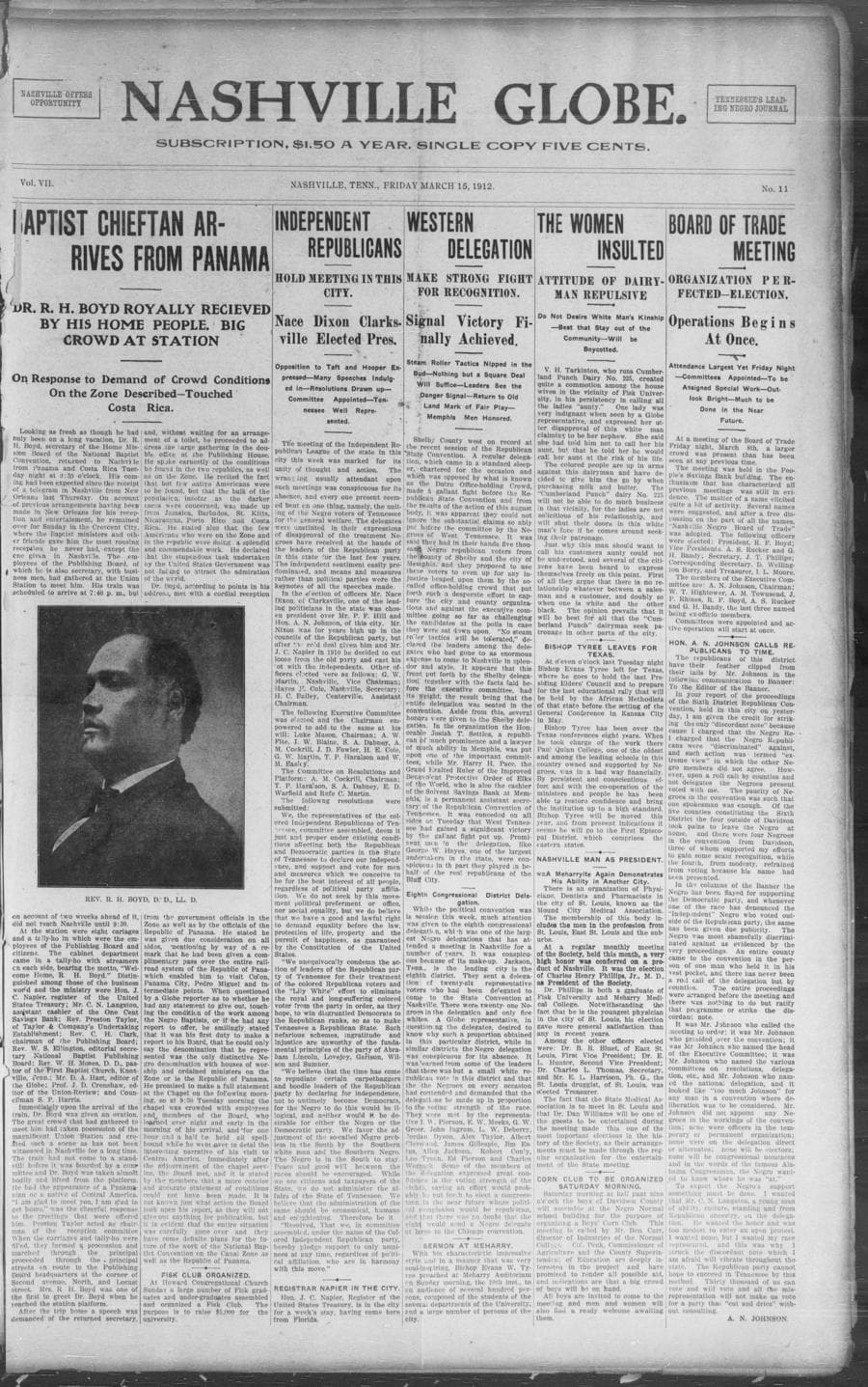 Front page of The Nashville Globe, March 15, 1912