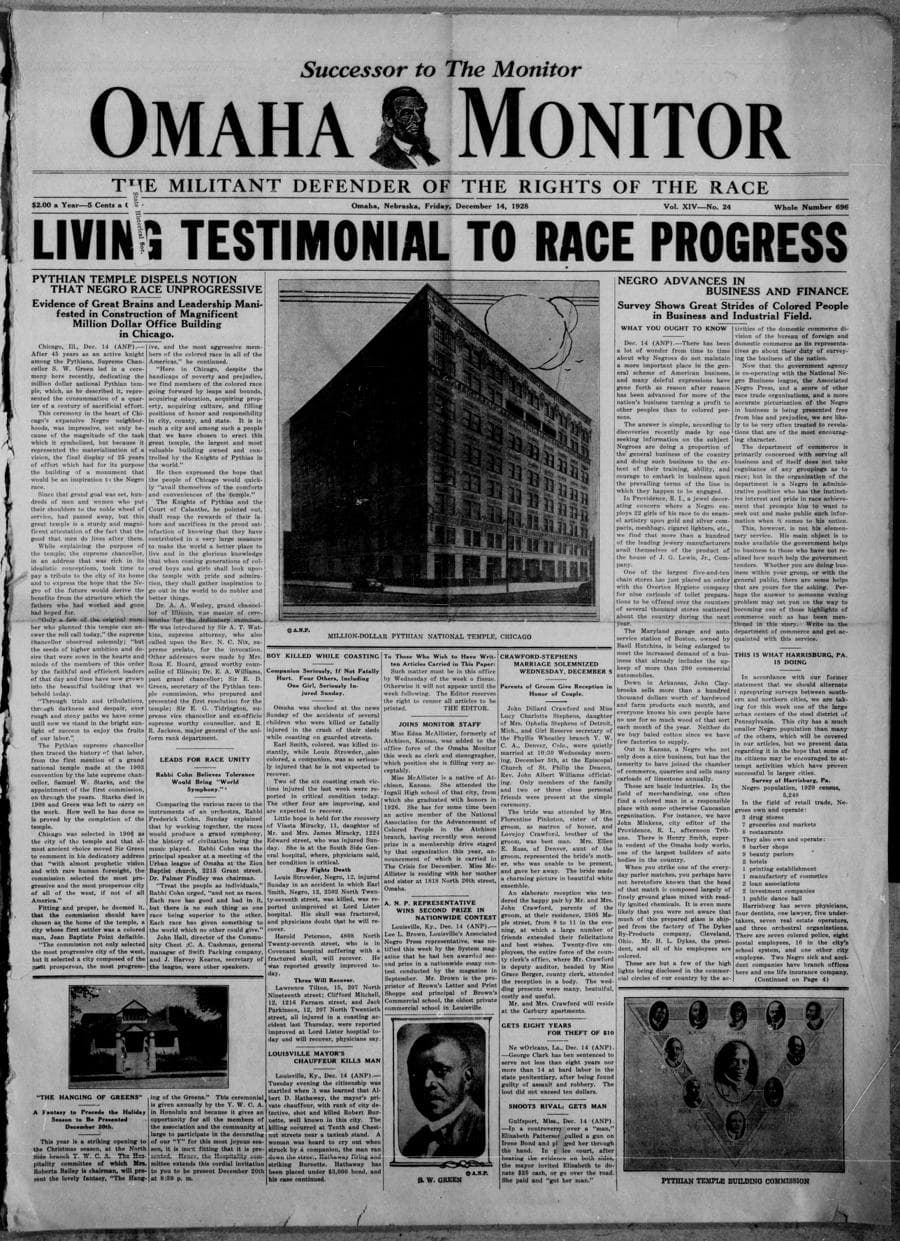 Front page of Omaha Monitor, December 14, 1928