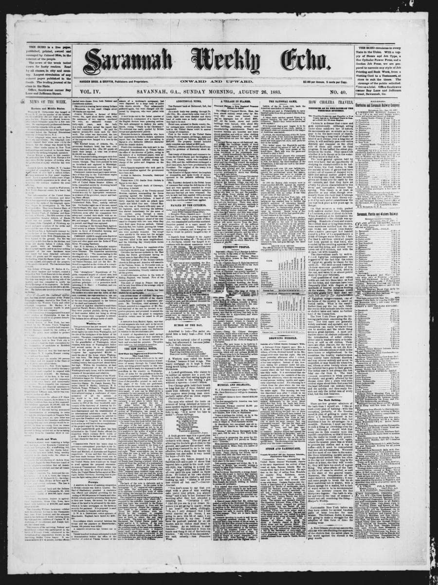 Front page of Savannah Weekly Echo, August 26, 1883