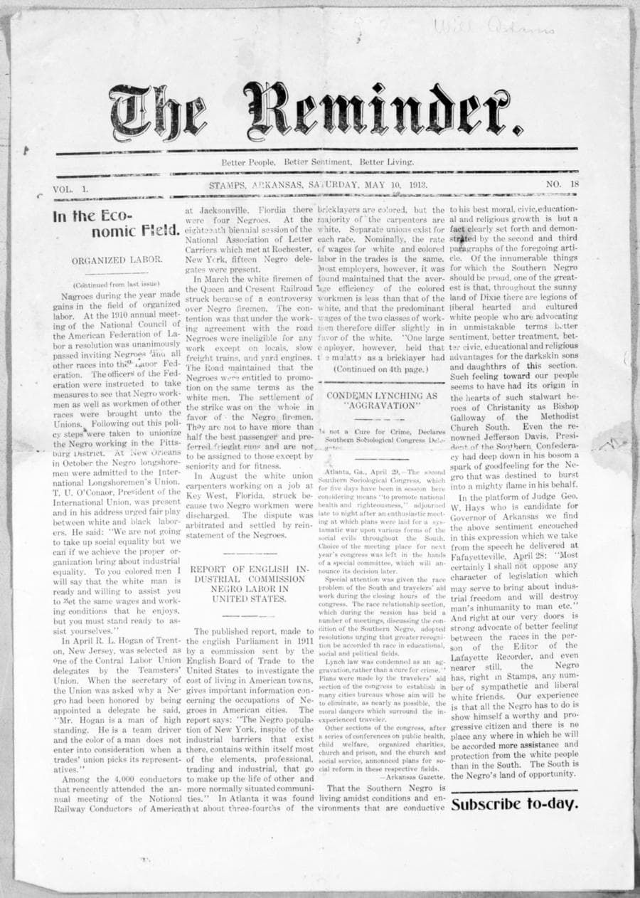 Front page of The Reminder, May 10, 1913