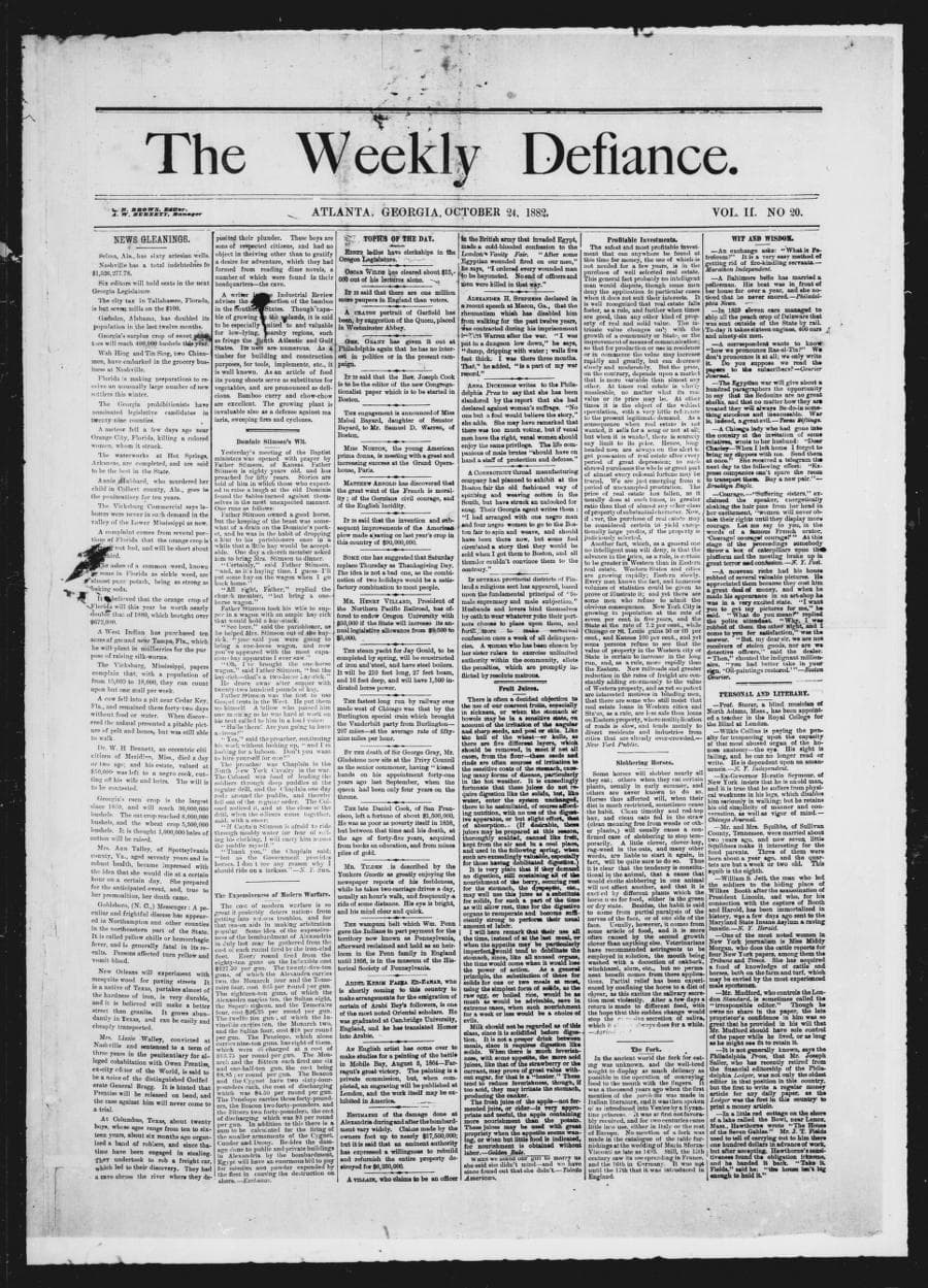 Front page of The Weekly Defiance, October 24, 1882