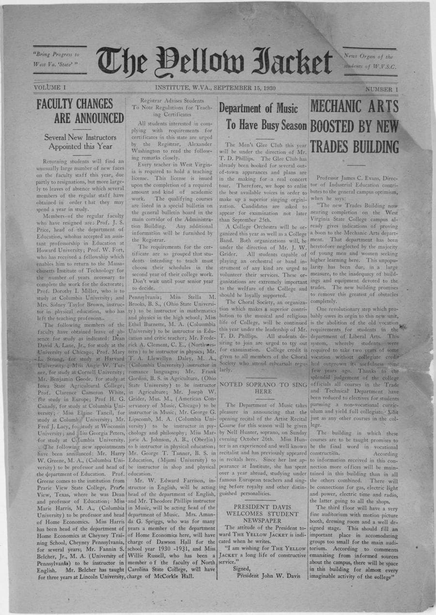 Front page of The Yellow Jacket, September 15, 1930